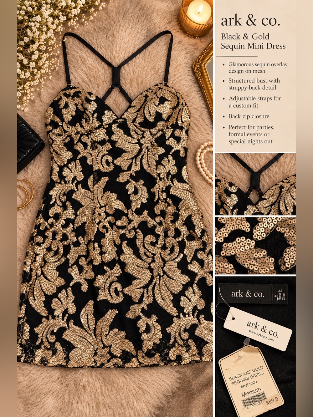 Ark & Co Black and Gold Sequin Mini Dress with Strappy Back